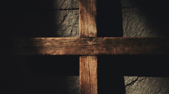 Weathered wooden cross stands against stone. Faint light highlights texture and ancient feel. Symbol of faith, history, and spirituality. Timeless religious icon.