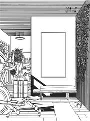 Fototapeta premium Modern Home Gym Fitness Interior with Exercise Equipment Mockup Frame and Vertical Garden Design, Featuring Elliptical Machine and Workout Gear