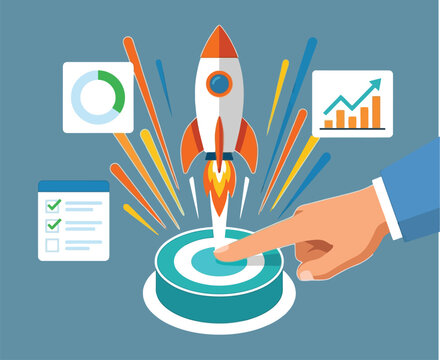 Rocket launch triggered by a finger press symbolizes rapid business growth and successful project startup execution.