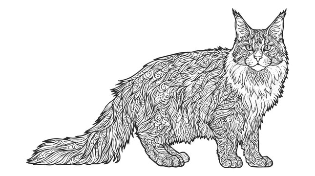 Detailed Maine Coon Mandala Cat illustration for adult Coloring book with Intricate patterns and zentangle ornaments for stress relief