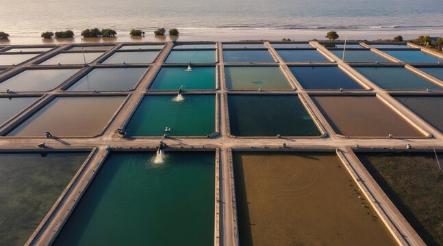 Aerial view of aquaculture shrimp farm ponds with aerator pumps oxygenating water near sea. Rows of pools grow seafood fish and prawns in tropical ocean aquaculture industry.