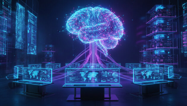 Glowing neural network brain connected to futuristic screens displaying data, symbolizing AI, technology, and information processing