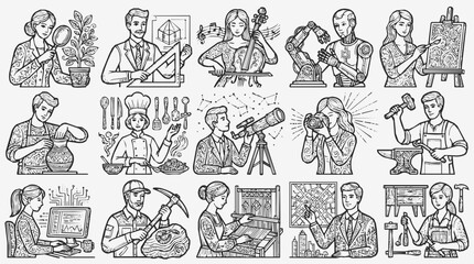 Fototapeta premium Profession illustration set featuring diverse occupations and creative hobbies showcasing artisan skills and career diversity in hand-drawn sketch