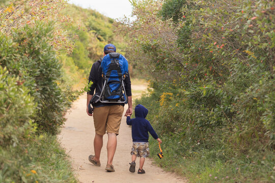 Rear view of a man walking with his son