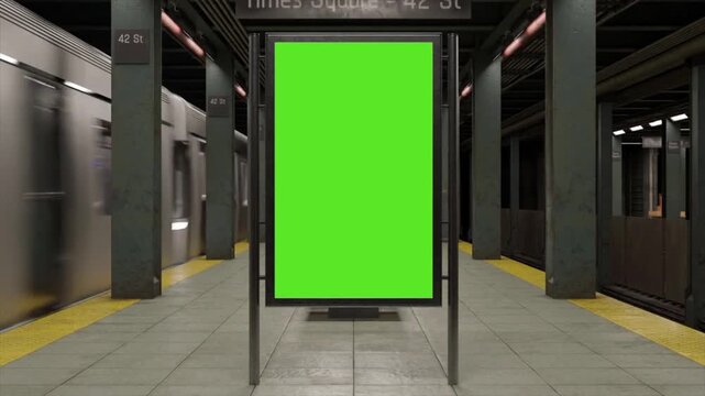 Subway station billboard green screen mockup, vertical advertising display in metro platform, Chroma key digital signage template, 4k motion graphics
