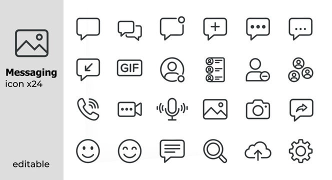 Messaging and Communication Line Icons Set Chat Social Media User Interaction and Mobile App Interface Outline Collection