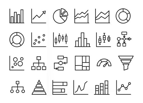 Business Analytics and Data Visualization Line Icons Set Charts Graphs Dashboard Statistics and Reporting Outline Collection