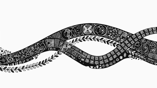 Abstract wave pattern featuring hand-drawn floral elements and intricate geometric doodles in a monochromatic black and white decorative banner.