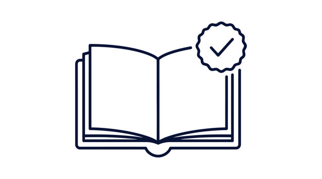 Open book with checkmark symbol for education and verification, minimalist line icon