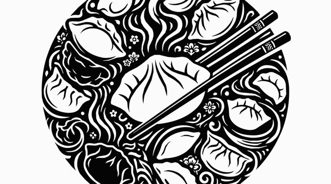 Dumplings, Asian food, chopsticks, noodles, and dinner illustration featuring a circular black and white culinary pattern design