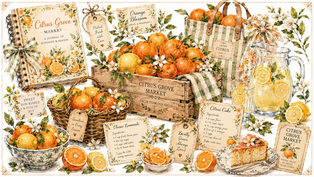 Citrus Grove Market Watercolor Clipart Collection with Oranges, Lemons, Orange Blossoms, Lemonade, and Farm Market Elements