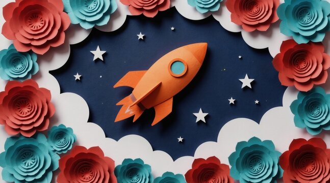 Orange rocket launches into starry night sky. Colorful paper flowers and clouds frame the whimsical scene. Artful concept of journey, dreams, and innovation.