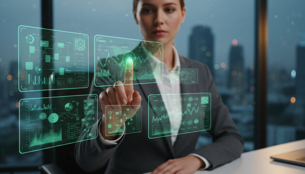 Woman interacting with a holographic display showing financial data, representing future technology and business analytics.