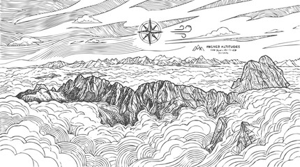 Obraz premium Nature - Beautiful Hand Drawn Mountain Landscape Above a Sea of Cloud Featuring an Adventure Compass Rose Symbol for High Altitude Exploration
