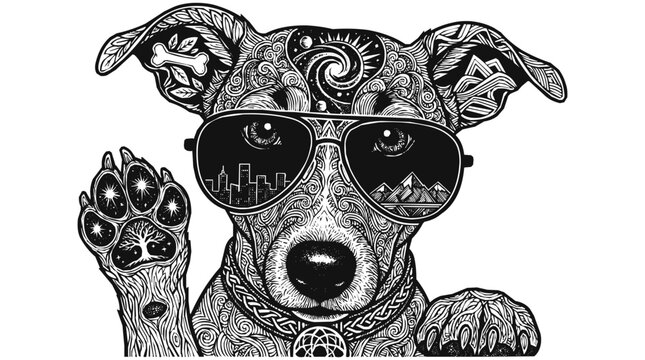 Intricate Mandala Dog Illustration wearing Sunglasses with Zentangle Patterns and Scenic Reflections for Creative Pet Art
