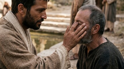 Obraz premium Jesus healing a blind man with light emanating from his hands. Biblical scene depicting miracle and faith in ancient village