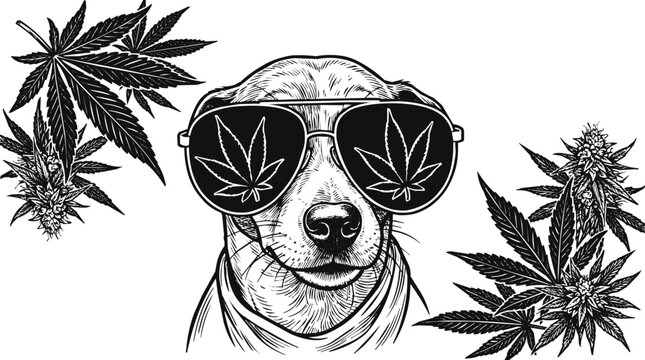 Cool dog wearing aviator sunglasses with marijuana cannabis leaf reflections and hemp plants in a detailed vintage woodcut engraving style