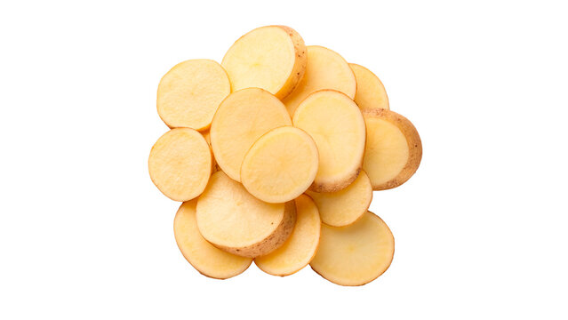 Small pile of sliced round fresh organic yellow potatoes isolated on transparent background cut out