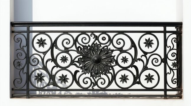 Ornate black wrought iron balcony railing features intricate floral scrolls and circular starburst details. Simple white wall background with soft shadows. Close up architectural detail.