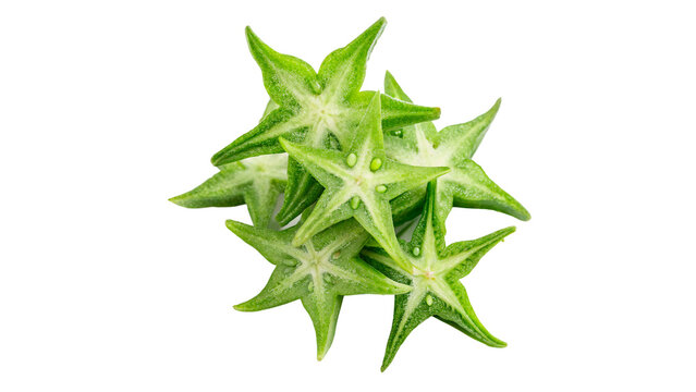Cluster of fresh green starfruit carambola leaves details branch isolated on transparent background cut out