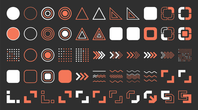 Abstract geometric shapes set, modern tech UI design elements, orange and white minimalist vector icons for futuristic interface layouts