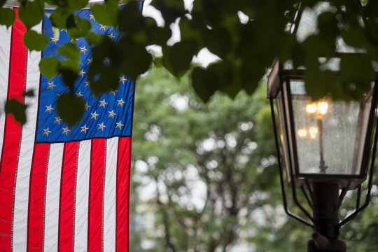 American flag and gas lamp on Beacon Hill