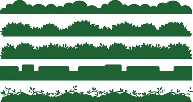 Green bush silhouettes set, flat garden hedge borders and shrubbery vector elements, nature landscape dividers for park and backyard design