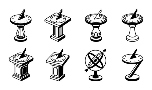 Sundial Icons Set, Vintage Timekeeping Devices, Astronomical Instruments, Retro Garden Ornaments, Vector Graphics