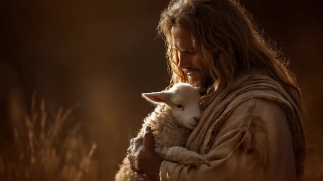 Jesus Christ embracing a white lamb outdoors in a peaceful natural setting, symbolizing compassion, faith, protection, hope, and the biblical image of the Good Shepherd.