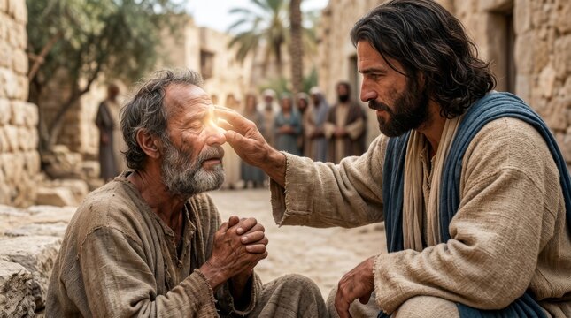Jesus healing a blind man with light emanating from his hands. Biblical scene depicting miracle and faith in ancient village