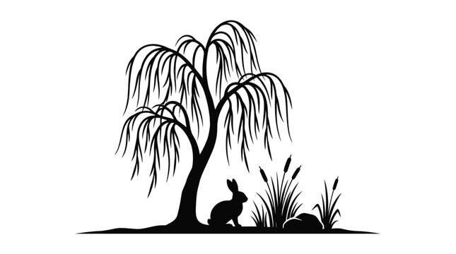 Black willow tree silhouette with rabbit and reeds, minimalist nature landscape vector, wild animal under weeping willow branches, tranquil outdoor scene