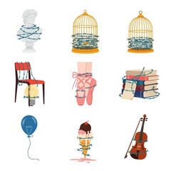 Naklejka premium Everyday objects and arts wrapped in restrictive barbed wire