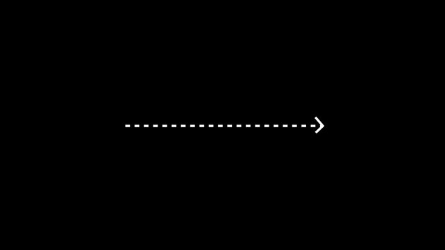 Right arrow direction icon with blue dashed arrow motion on white background. Clean corporate direction animation 4k. Dotted line arrows icon sign animated with alpha channel.4k motion graphics video