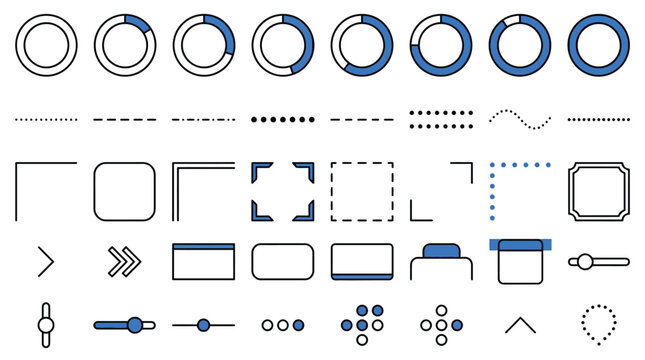 Minimalist UI kit vector set, blue and black interface design elements, loading progress bars and navigation icons for dashboard software