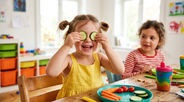 Two children sit at a table during lunch. One child holds cucumber slices in front of her eyes while smiling. The other looks on with interest. The room is bright and colorful