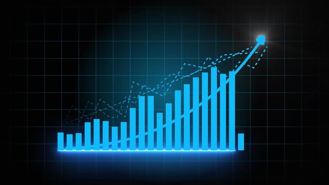 Stock market analysis and financial data visualization for investment.Dynamic digital animation showcasing financial trends, increasing profits, and decreasing losses, upward motion diagrams graphs.