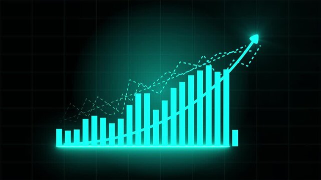 Stock market analysis and financial data visualization for investment.Dynamic digital animation showcasing financial trends, increasing profits, and decreasing losses, upward motion diagrams graphs.