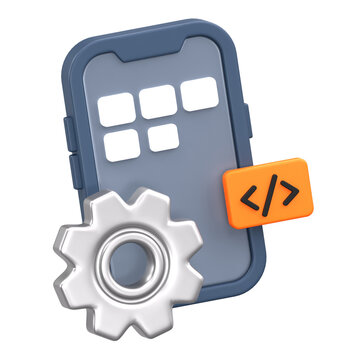 3D icon of mobile application development with smartphone, code and gear