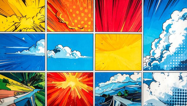 Colorful comic book page with varied panels including clouds, skies, speed lines and roads