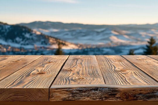 Rustic wooden table surface with a soft focus background of snow-covered mountains at sunset.