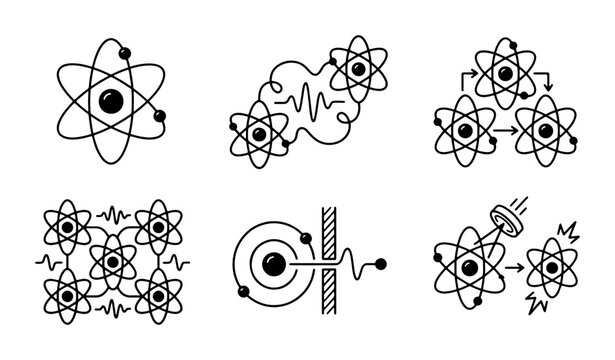 Atomic Structure Icons, Nuclear Physics Concepts, Science Vector Graphics, Chemistry Elements Set
