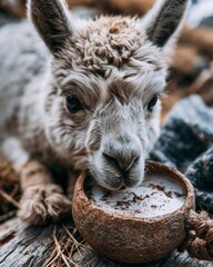 Obraz premium Cute Baby Camelid Drinking from a Bowl, Close Up Outdoor Portrait
