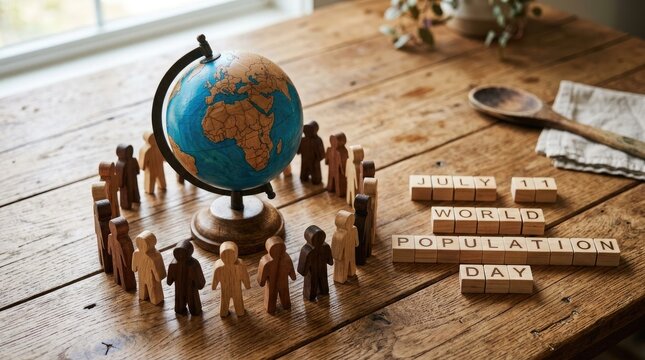 World population day wooden globe and figurines on rustic table