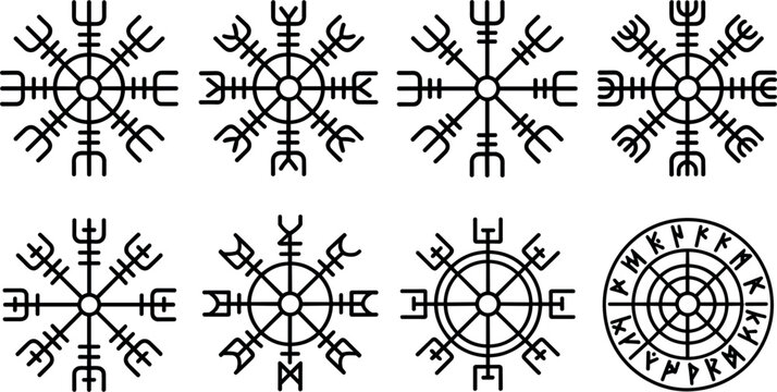Viking rune compass and vegvisir line icon set featuring norse mythology protection staves helm of awe magical symbols and ancient futhark runic circles.