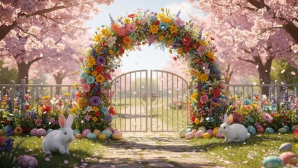 Fototapeta premium Enchanting Easter garden entrance with a vibrant floral archway, white rabbits, and colorful eggs surrounded by blossoming cherry trees under soft pastel sunlight for a magical spring celebration.