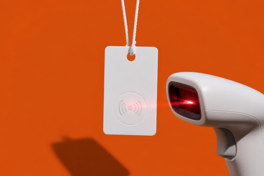 RFID tag scanned by handheld reader on orange background for inventory and business workflow
