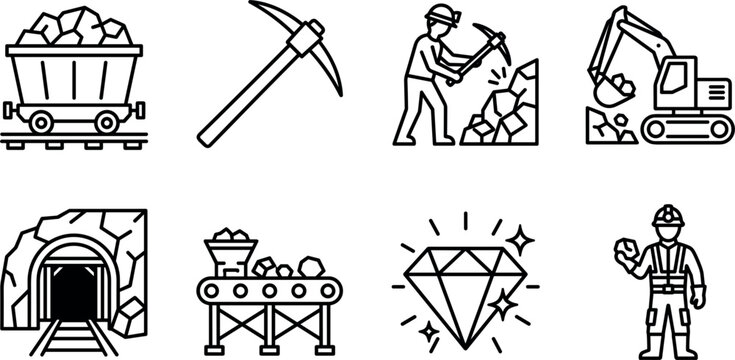 Underground mining and mineral extraction line icon set featuring ore carts pickaxes miners excavators mine shafts conveyor belts diamonds and workers