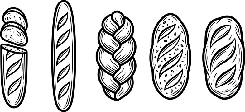 Black and White Artisan Bread Illustrations Collection Featuring Baguette, Braided Loaf, Seeded Bread, and Bakery Clipart Elements