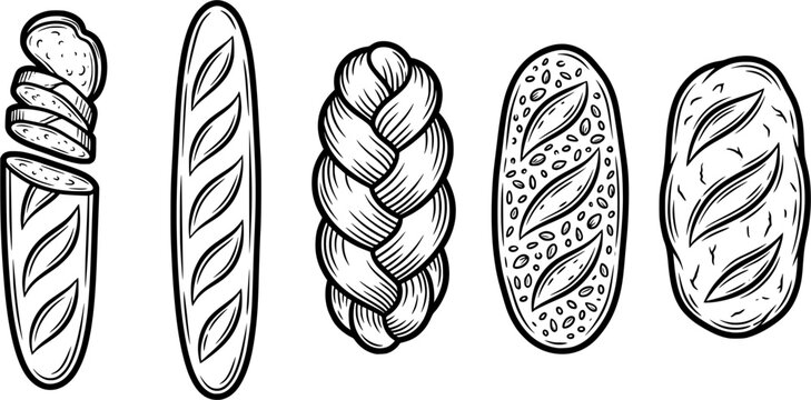 Black and White Artisan Bread Illustrations Collection Featuring Baguette, Braided Loaf, Seeded Bread, and Bakery Clipart Elements