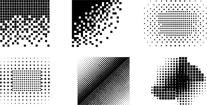 Abstract Halftone Dot and Pixel Gradient Patterns Collection Featuring Geometric Squares, Circles, Spiral Grid, and Digital Texture Designs